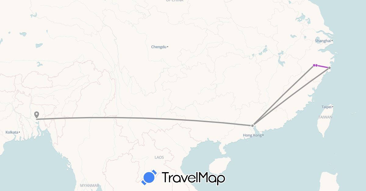 TravelMap itinerary: driving, plane, train in Bangladesh, China (Asia)